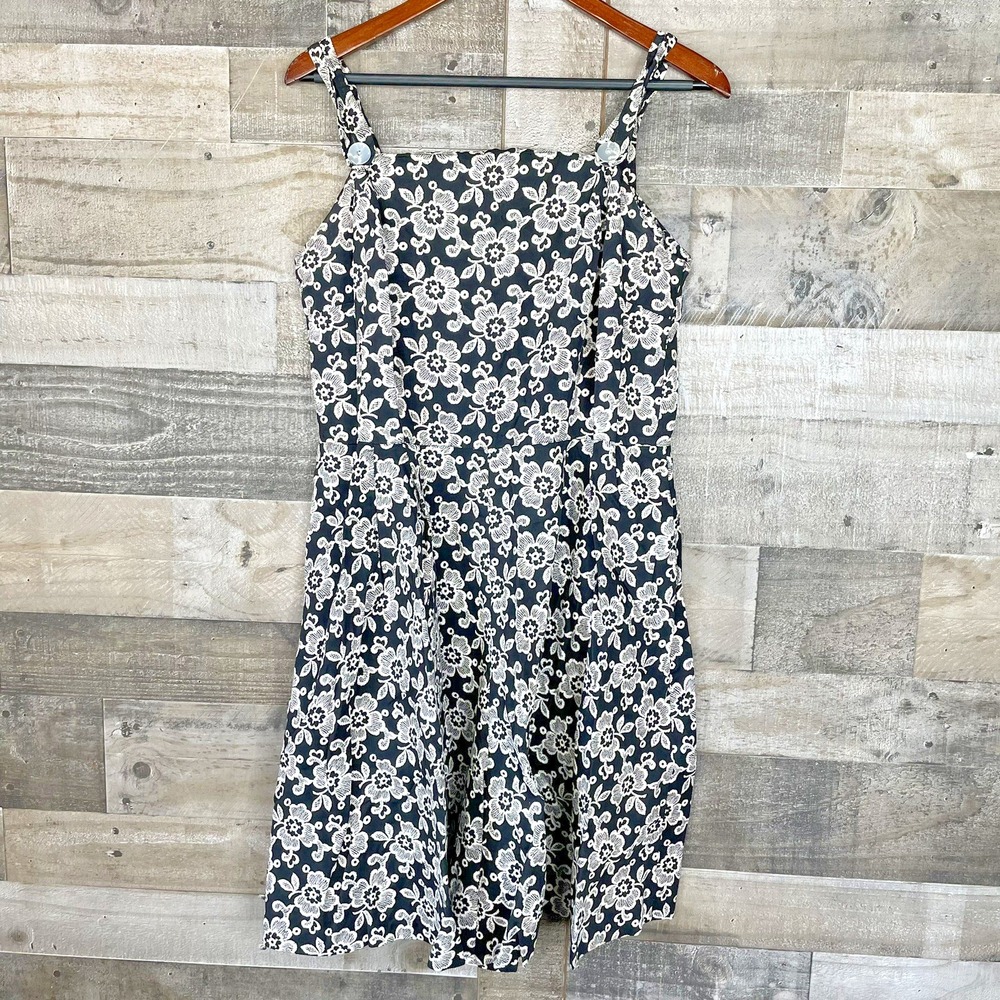Vintage Styled By Loungees Dress Black With White Floral Design Sleeveless Bib